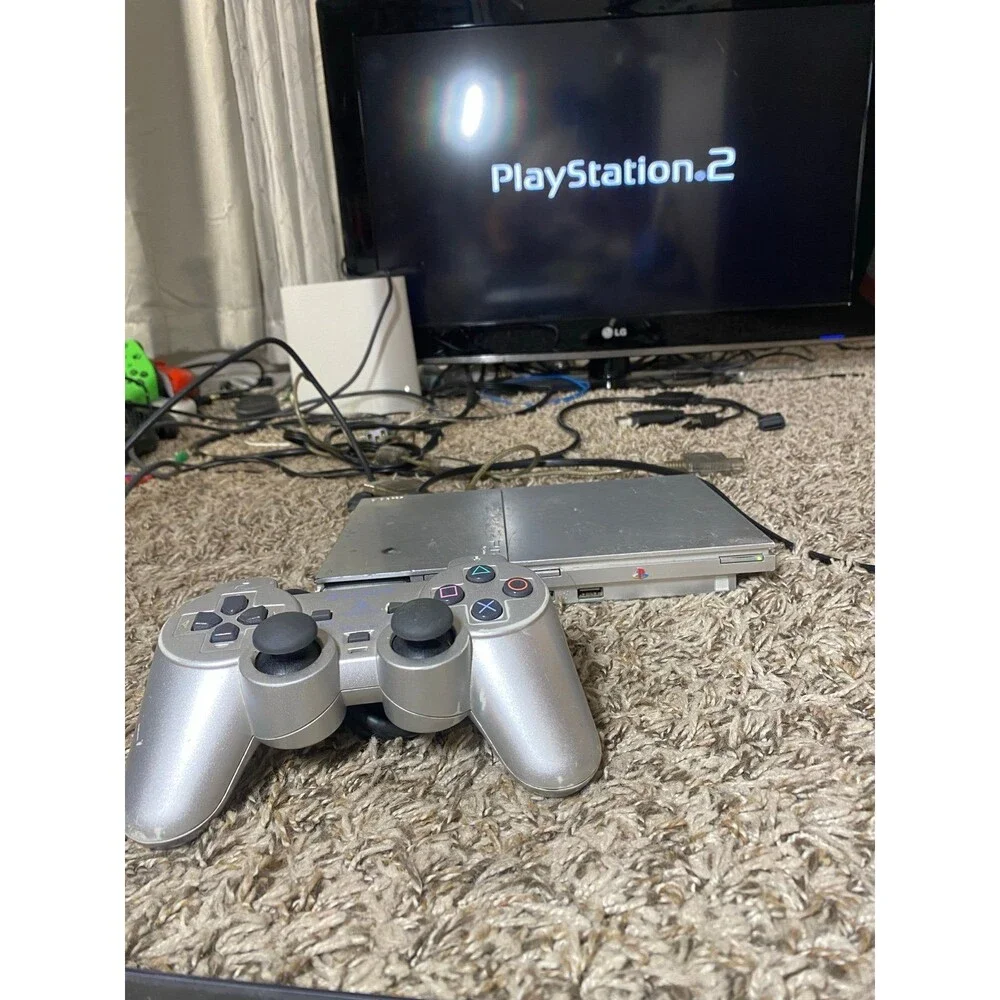 Sony Playstation 2 PS2 Slim Silver Console OEM Silver Controller Tested + memory